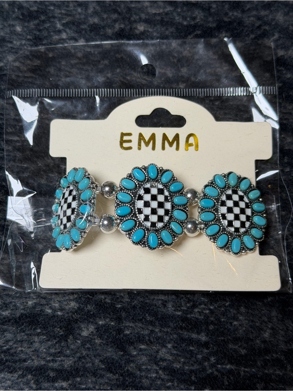 NWT EMMA Turquoise Checkerboard Stretch Bracelet Western Boho Cowgirl